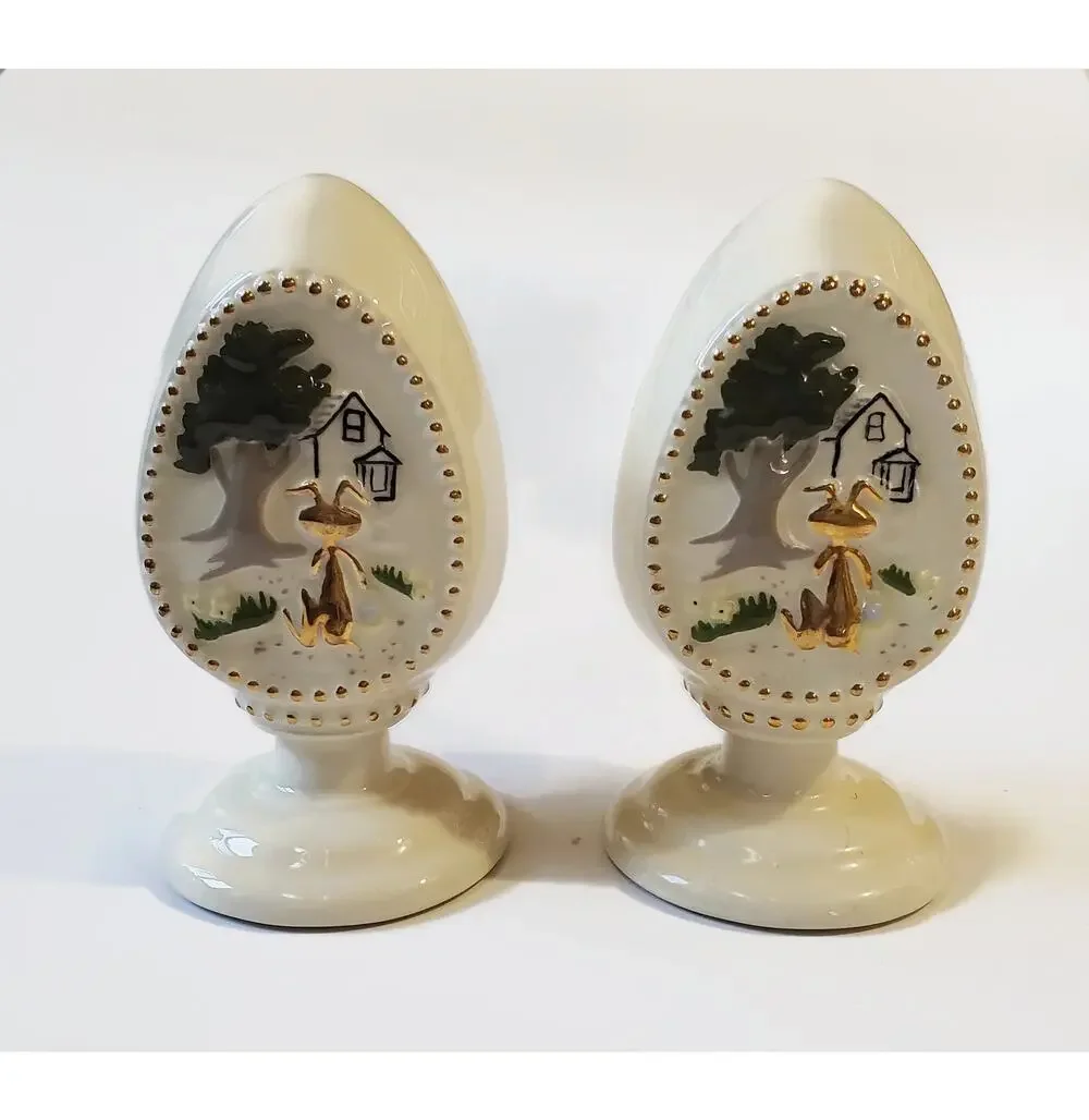 Vintage Easter Bunny Ceramic Egg On Pedestal Set of Two Holiday Decor